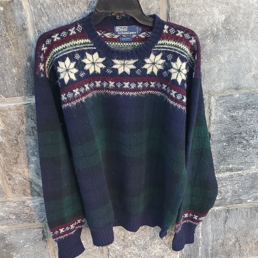 Polo by Ralph Lauren Men's Holiday Wool Sweater in Navy, Green And Cream Large